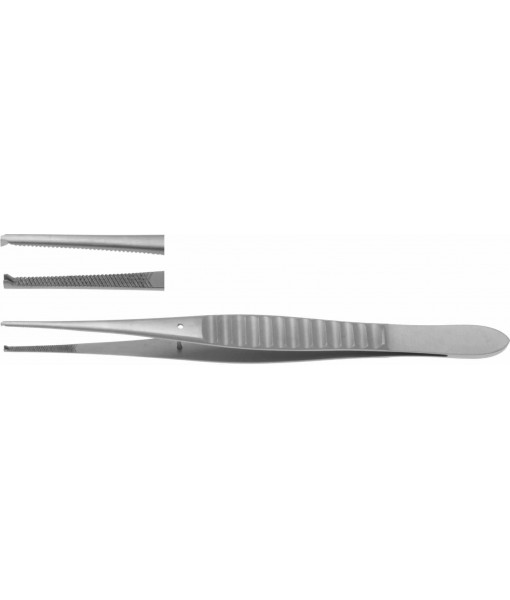ELCON GILLIES TISSUE FORCEPS 155MM, STRAIGHT, 1x2 TEETH, SERRATED, WITH GUIDE PIN